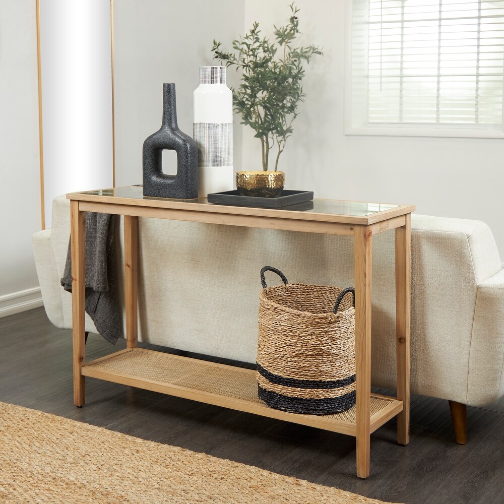 Brown Wood Slim Natural 1 Shelf Console Table with Glass Top and Rattan Shelf