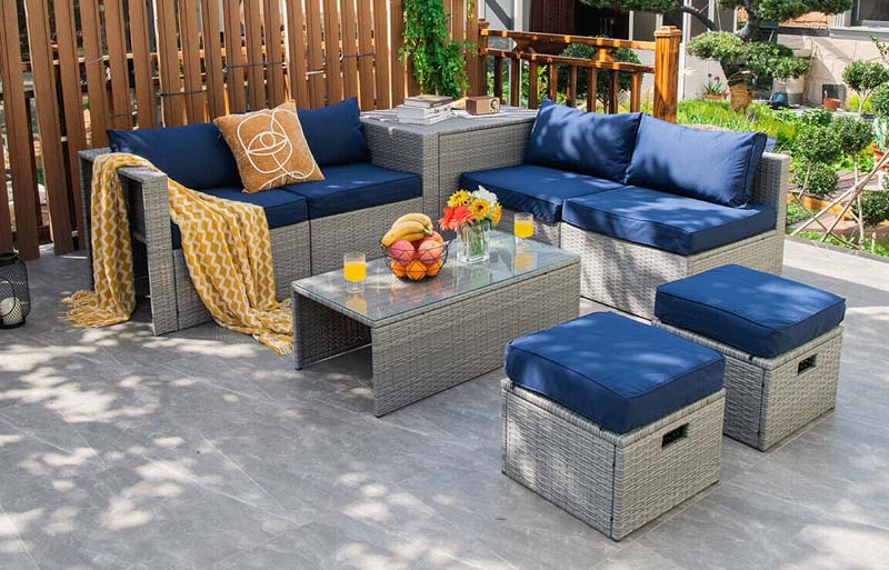 8 Pcs Rattan Patio Sectional Furniture Set Wicker Outdoor Cushioned Sofa Set with Storage Box & Waterproof Cover