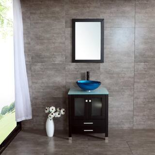 walsport 24 in. W x 21.7 in. D x 29.5 in. H Single Sink Bath Vanity in Black with Glass Top and Mirror USBR4181+USBR1003