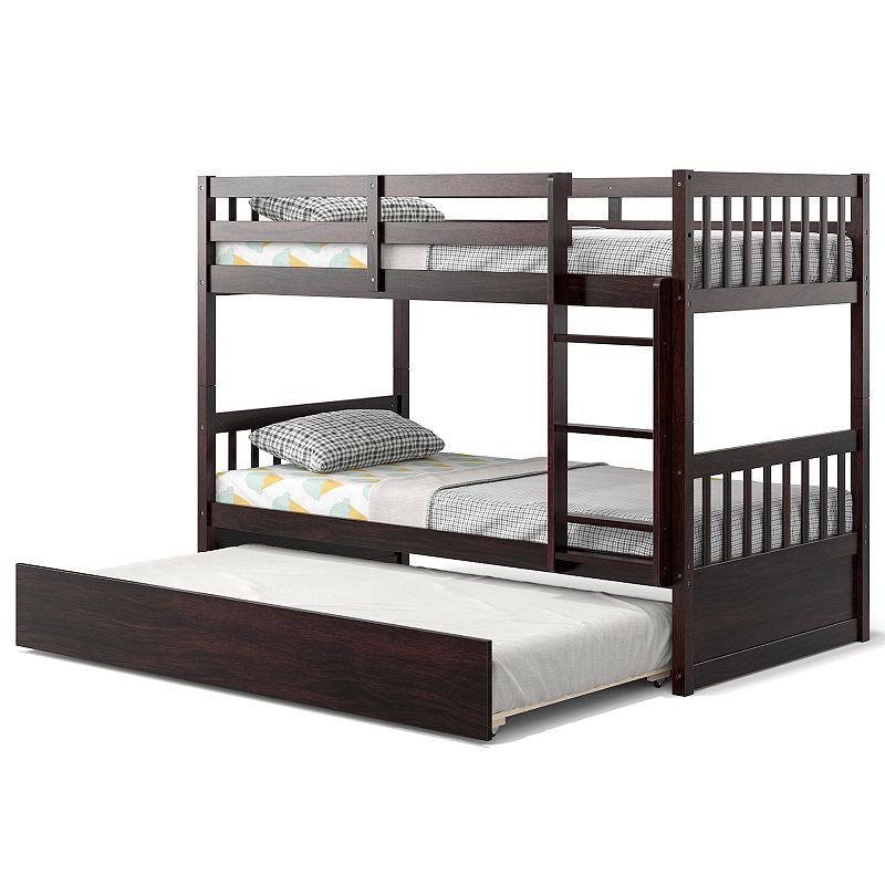 Twin Over Twin Bunk Bed with Pull-out Trundle and Ladder-Espresso