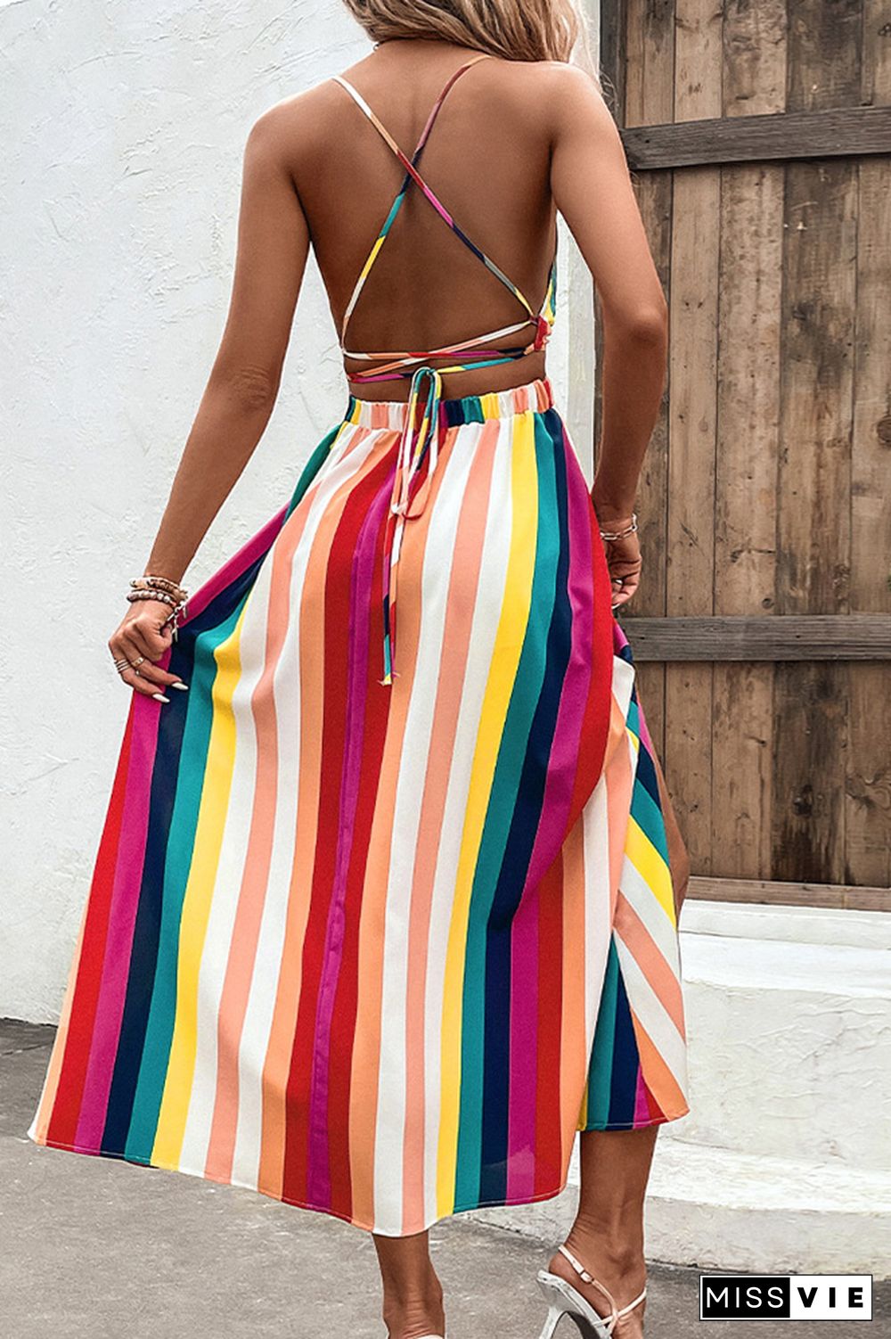 Multicolor Striped V Neck Spaghetti Strap Backless Maxi Dress