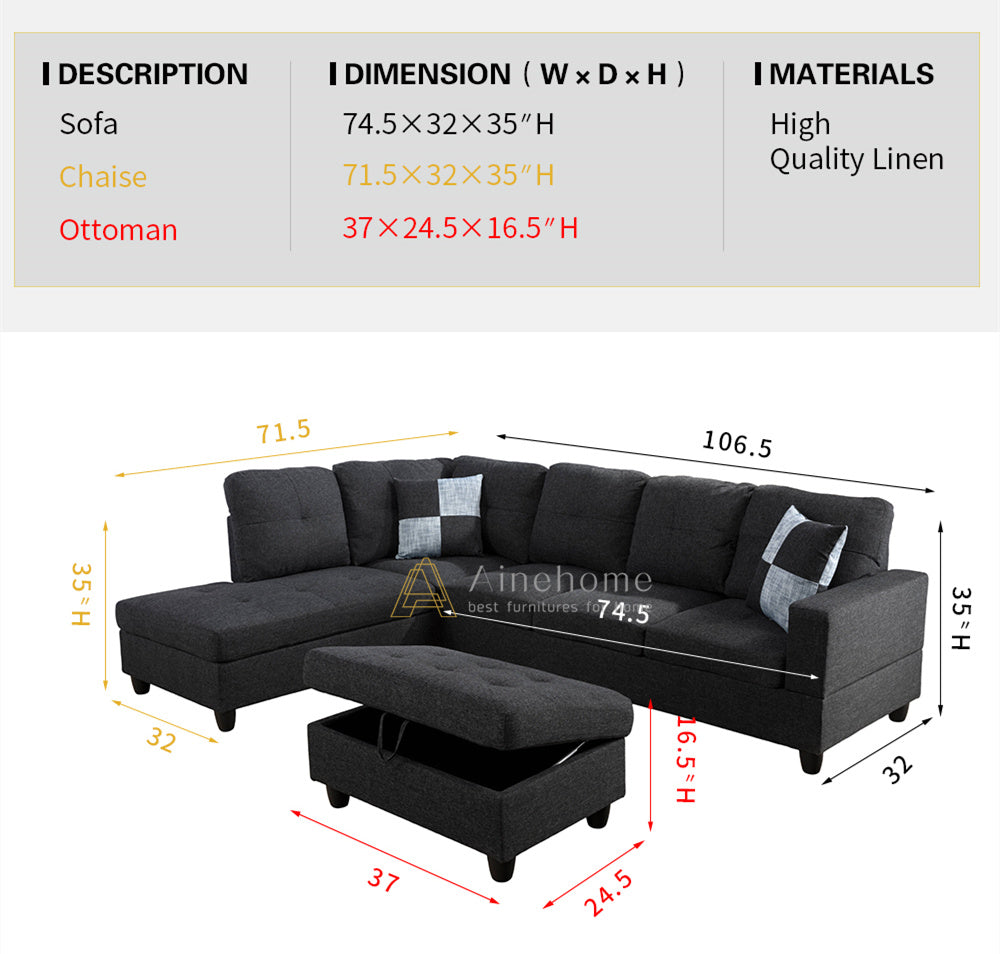 Ainehome Sectional Sofa Sectional Couch with Chaise Ottoman Sectional Sleeper Sofa Left Hand Facing