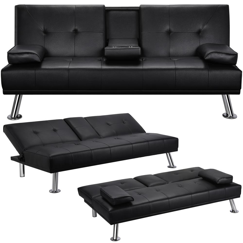 LuxuryGoods Modern Faux Leather Futon with Cupholders and Pillows Black  Crowdfused