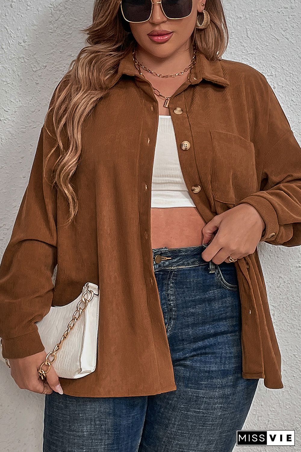 Brown Corduroy Open Button Plus Size Shirt