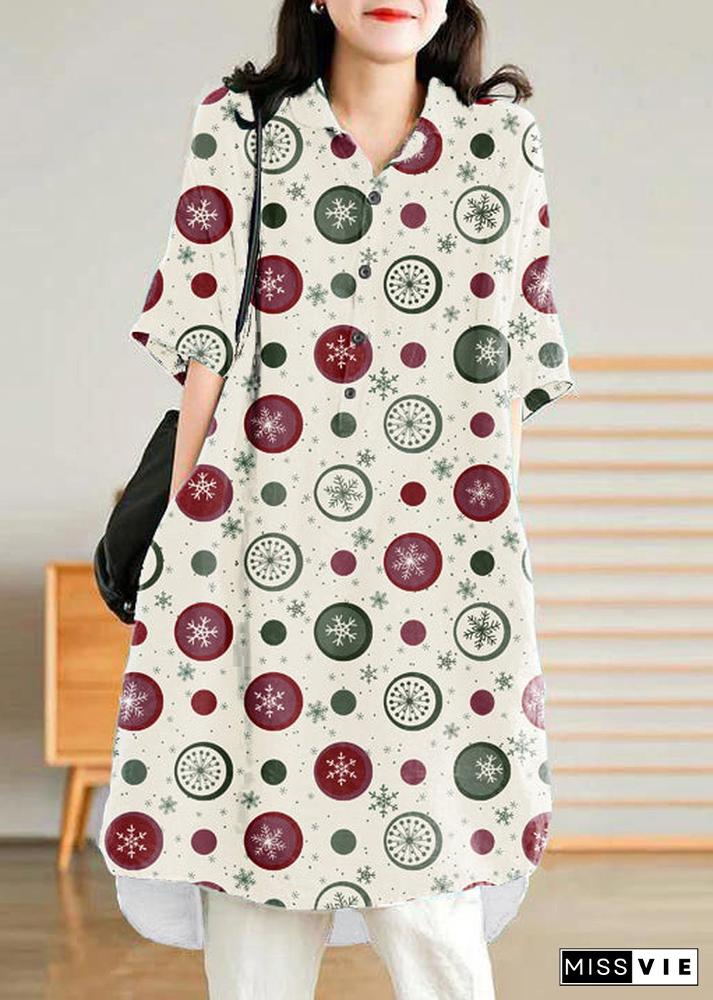 Jade white-snowflake Linen Women Casual Linen Shirt Dress