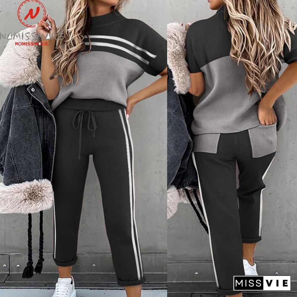 Women Summer Casual Loose 2 Piece Set Side Stripes Drawstring Design Pockets Decor Mid Waist Long Pants+O-Neck Short Sleeve Top