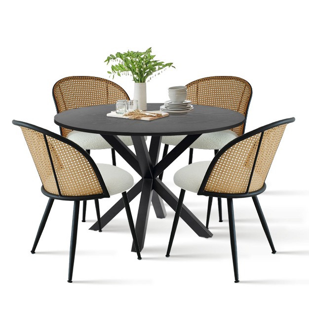 Oliver jules 5 piece Farmhouse Oak Round Dining Set With Boucl Fabric Mesh Rattan Backrest Dining Chair Set Of 4 With Black Legs the Pop Maison