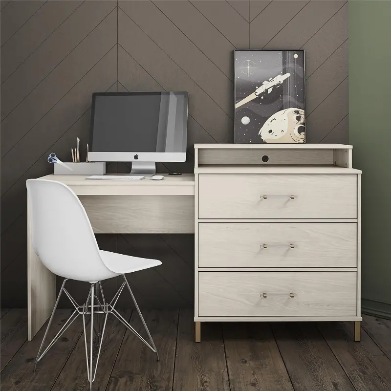 Kalissa White Oak Dresser and Desk Combo with Wireless Charger