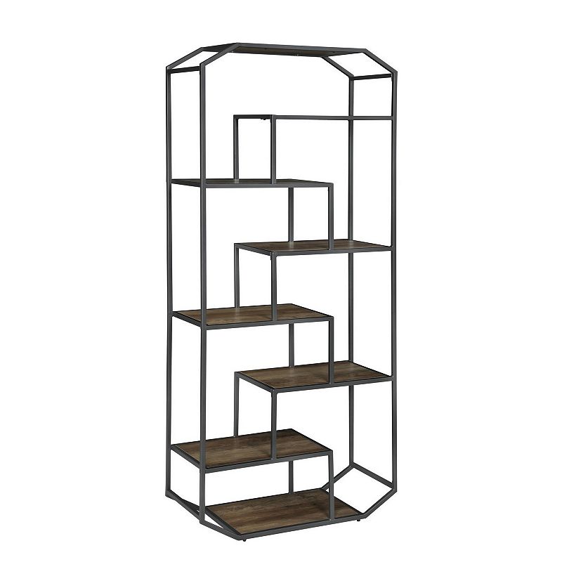 72 Inch Wood Bookcase， Geometric Metal Frame， 7 Shelves， Gray， Brown