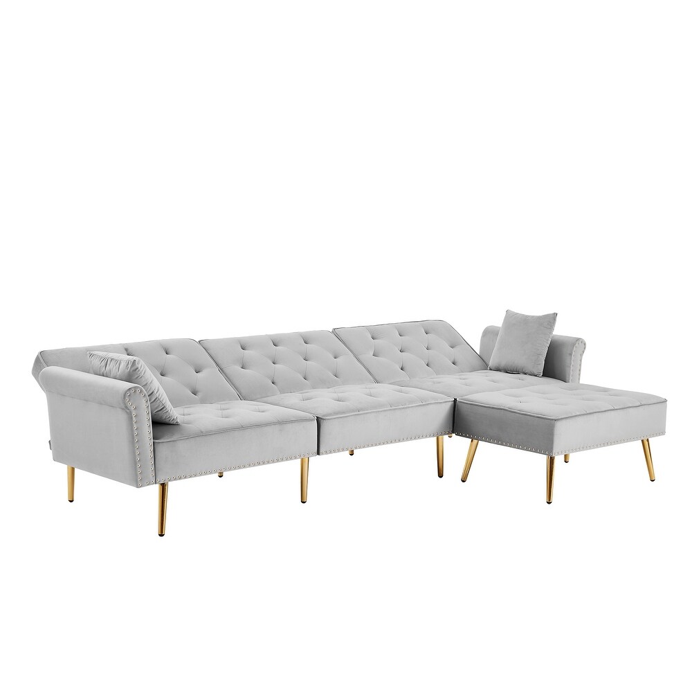 Modern Velvet Upholstered Sectional Sofa Bed  L Shaped Reversible 3 Seat Couch with Movable Ottoman   Nailhead Trim