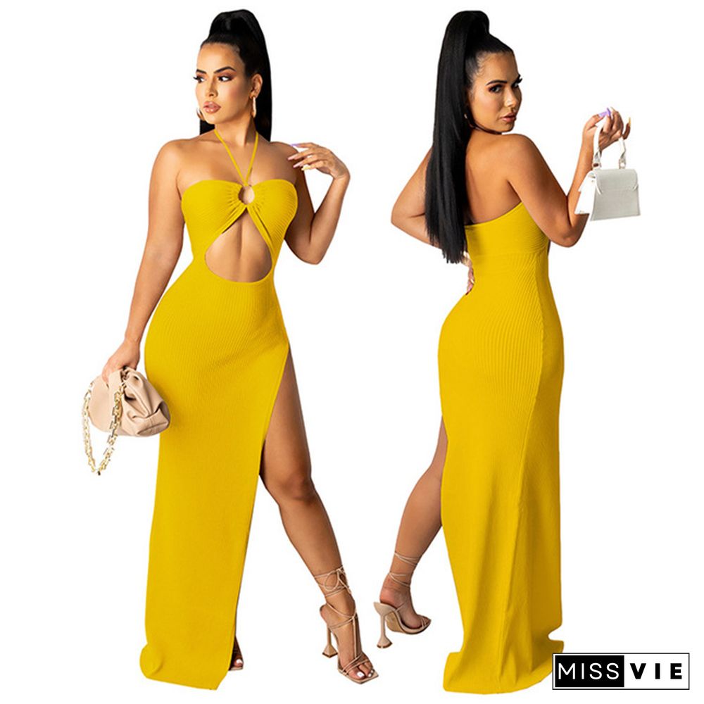 Women Sexy Solid Color Sleeveless Halter Hollow Out Asymmetrical High Splited Night Club Long Dresses