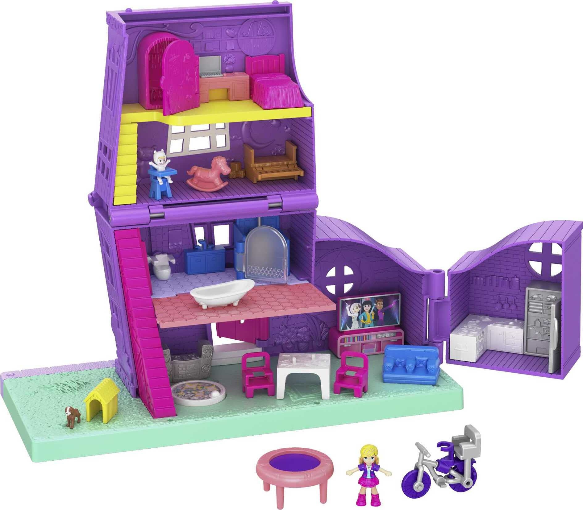 Polly Pocket Pollyville Pocket House Playset， Doll House with Micro Doll， Toy Bike and Furniture Accessories