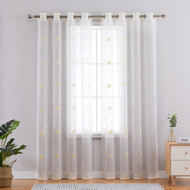 Trinity Floral Embroidered Semi Sheer Curtains Voile Grommet Farmhouse Window Treatments Set 2 Panels