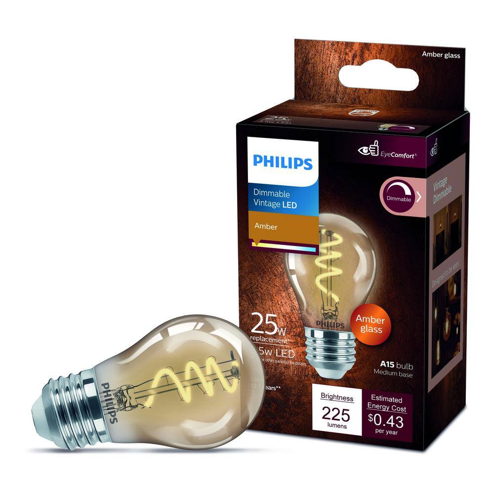 Philips 25-Watt Equivalent A15 Spiral Filament E26 Base LED Vintage Edison LED Light Bulb 2000K Amber (1-Pack) 565655