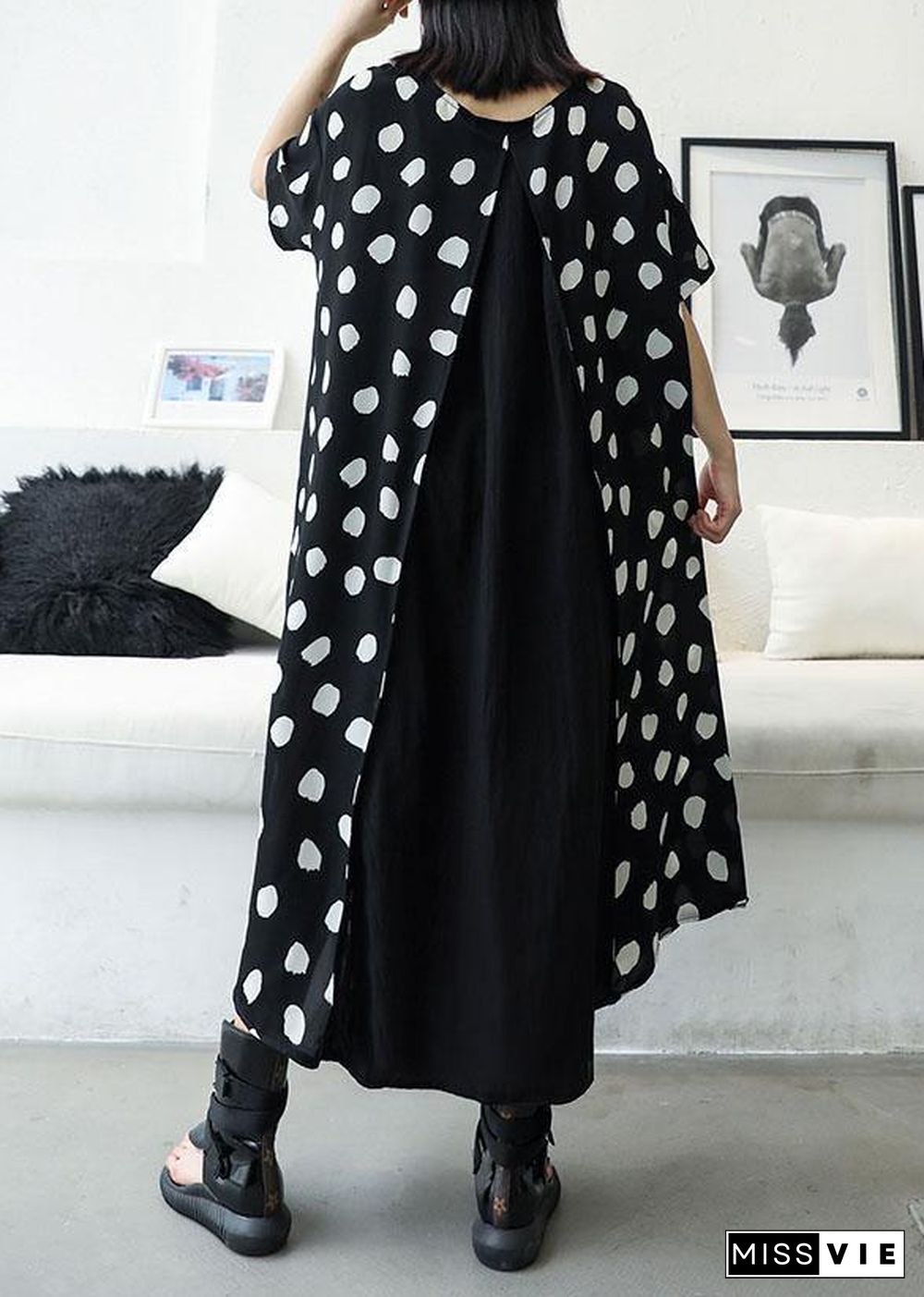 casual black dotted o neck patchwork chiffon long summer dress