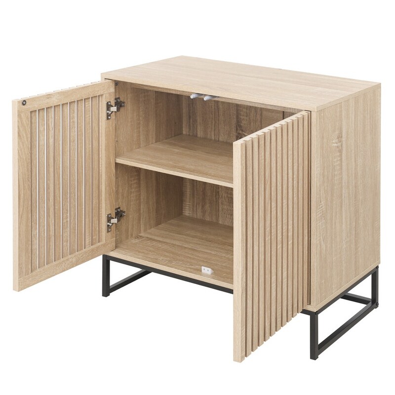 Modern Solid Wood Storage Cabinet with 2 Doors and Metal Base