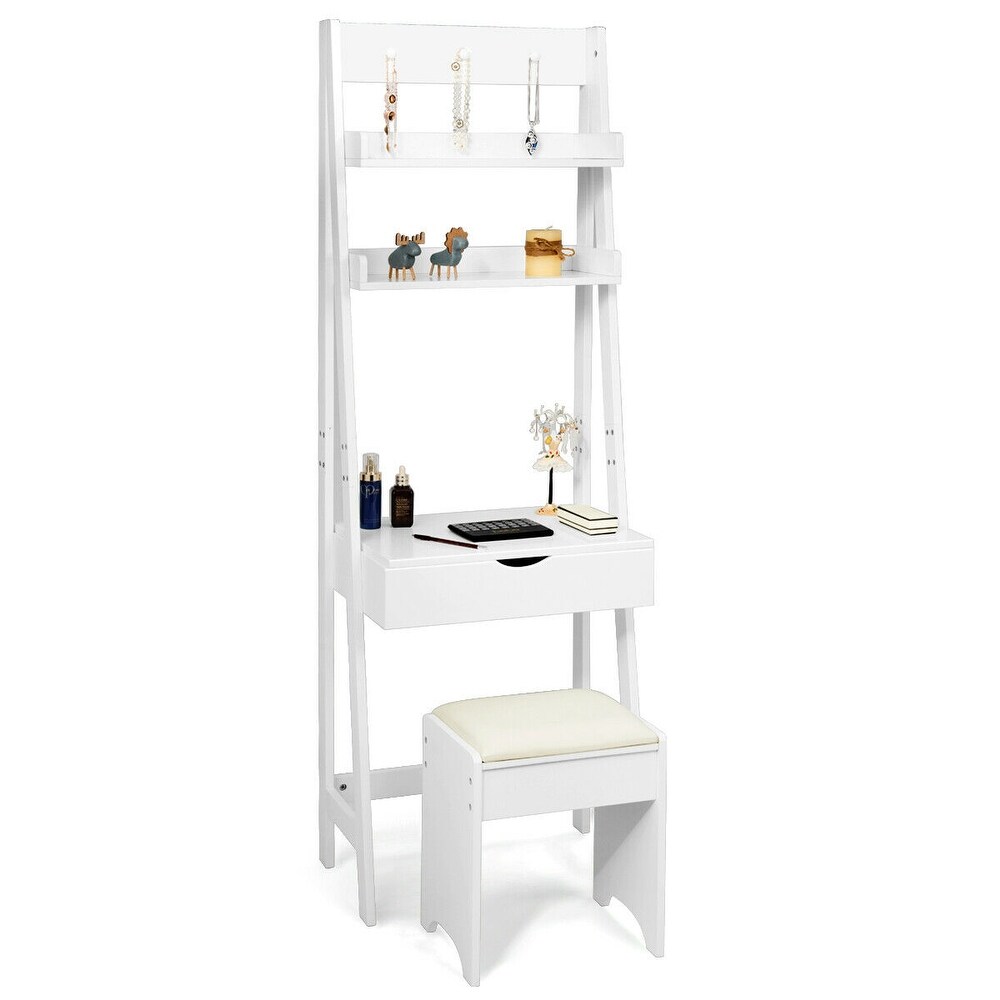 Gymax Vanity Set Makeup Dressing Table w/Flip Top Mirror Hooks Shelves