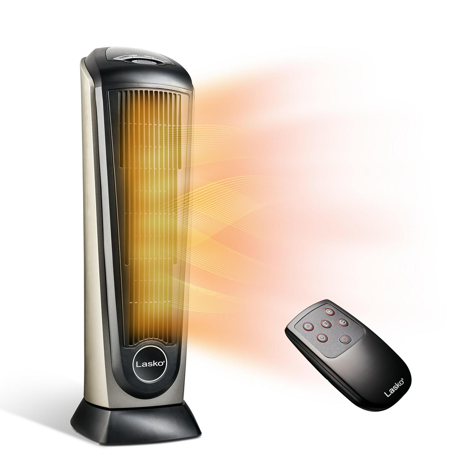 Lasko 1500W Electric Oscillating Ceramic Tower Space Heater with Remote Control， 751320， Black