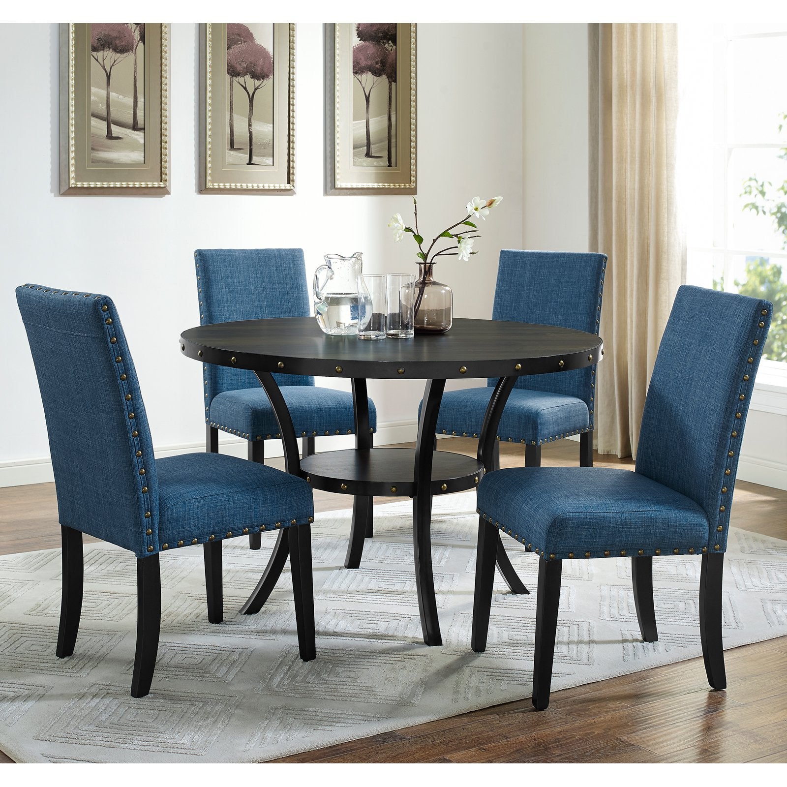 Roundhill Furniture Biony Fabric Dining Chair with Nailheads in Blue (Set of 2)