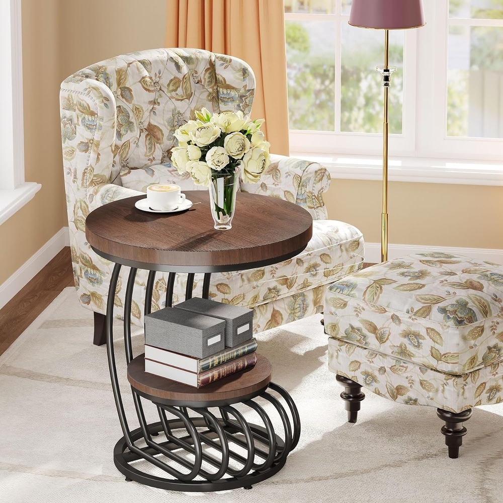 2 Tiers Round End Table  Side Table with Storage Shelf for Living Room