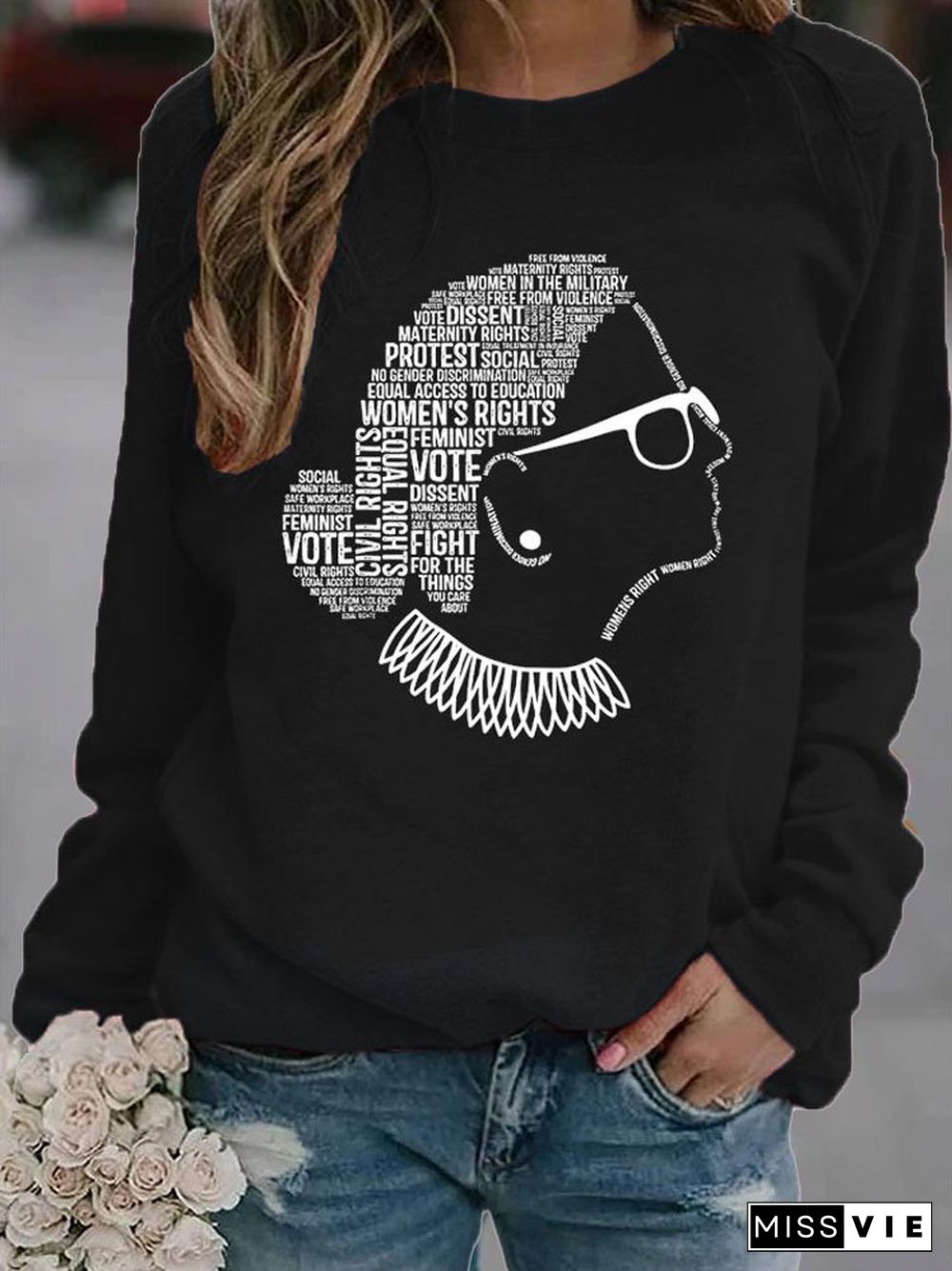 RBG Monogram Print Round Neck Long Sleeve Knitted Shift Sweatshirts