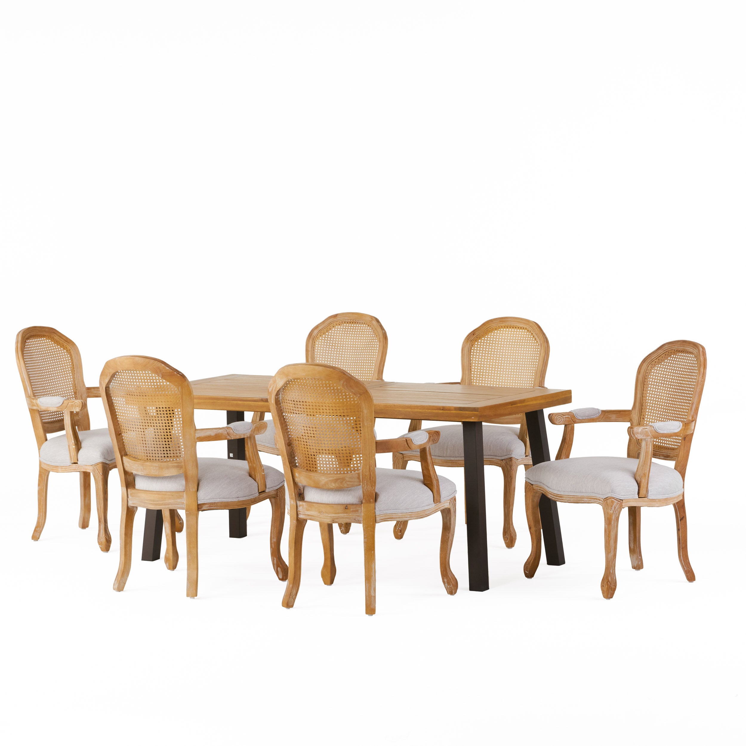 Aldrich Farmhouse Fabric Upholstered Wood and Cane 7 Piece Dining Set