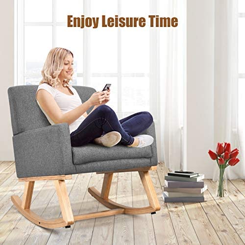 Giantex Upholstered Rocking Chair with Fabric Padded Seat and Solid Wood Base