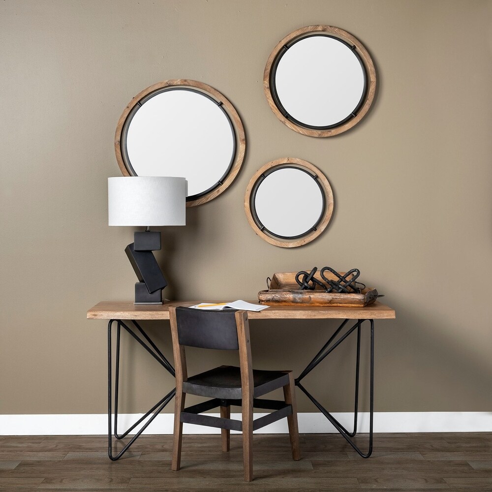 Josi Brown Solid Wood With Black Metal Frame Round Mirror (19\