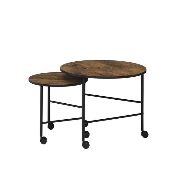 2 Piece Round Nesting End Table with Casters， Oak Brown and Black - 20 H x 23 W x 23 L Inches