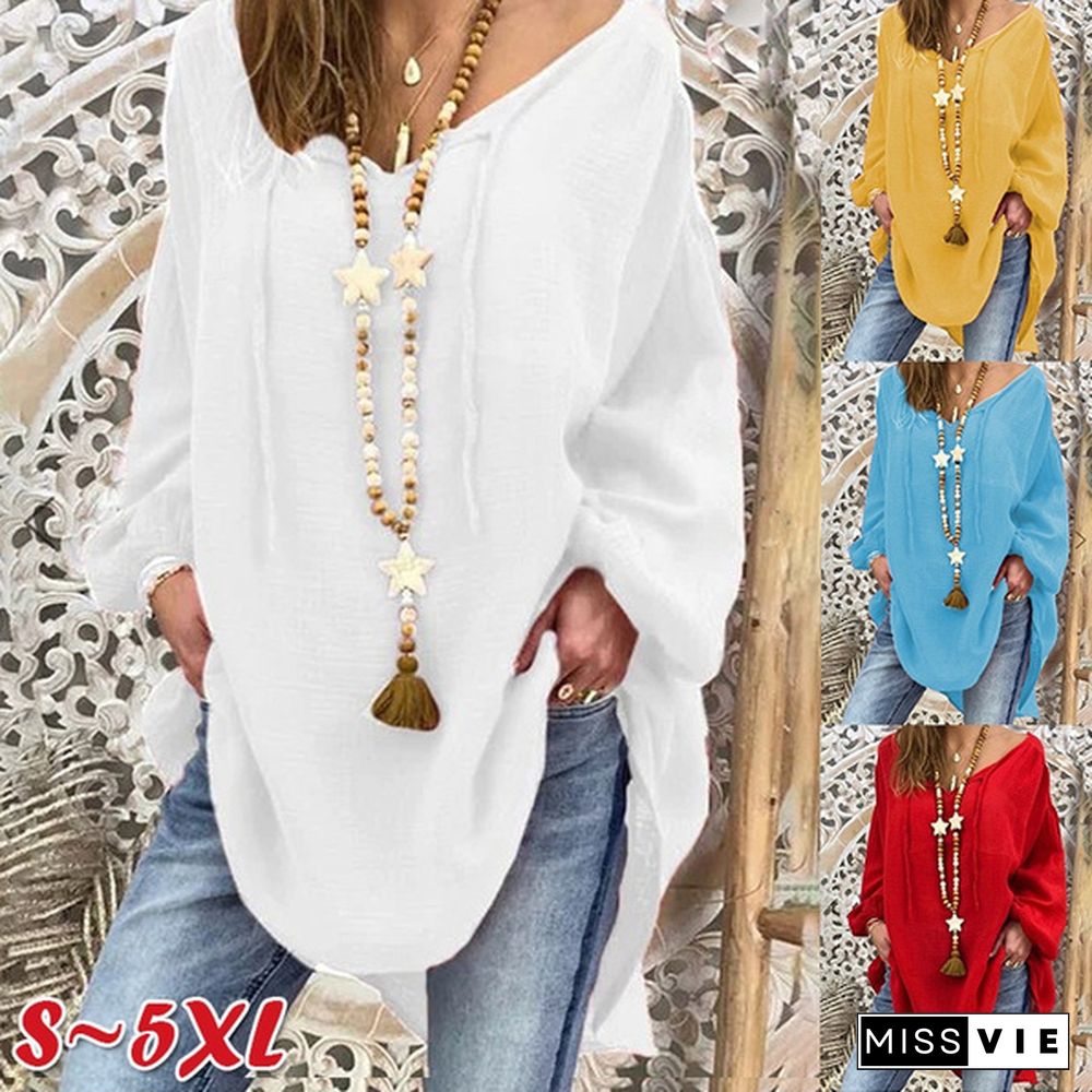 NEW Women Fashion Top Plus Size Loose Puff Long Sleeves Blouse V-neck Casual T-shirt