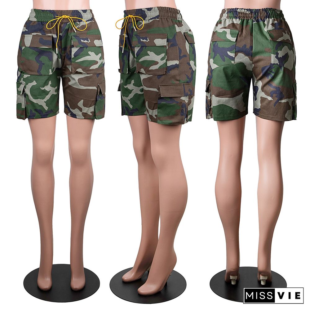 Camo Print High Waist Loose Pockets Cargo Shorts