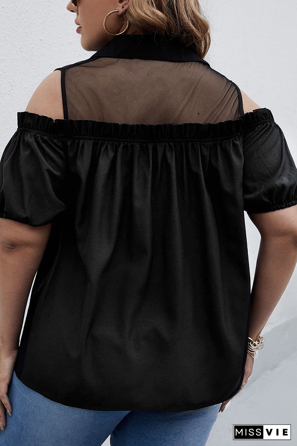 Black Sheer Fabric Splicing Button Down Plus Size Top