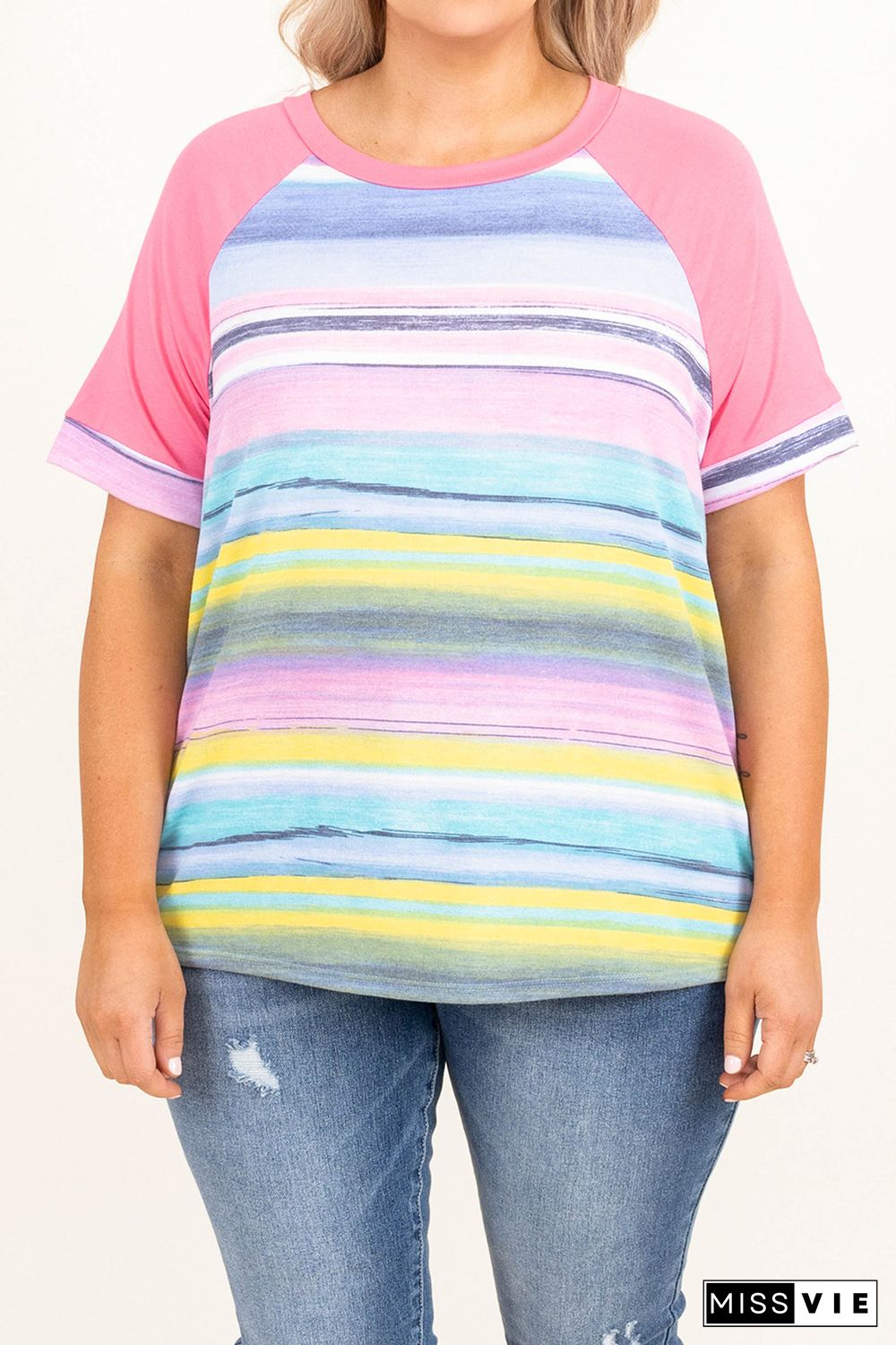 Multicolor Striped Plus Size Raglan Sleeve Top