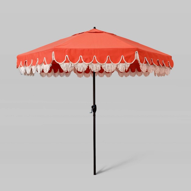 9 x27 Sunbrella Scallop Base And Fringe Market Patio Umbrella With Auto Tilt Bronze Pole California Umbrella