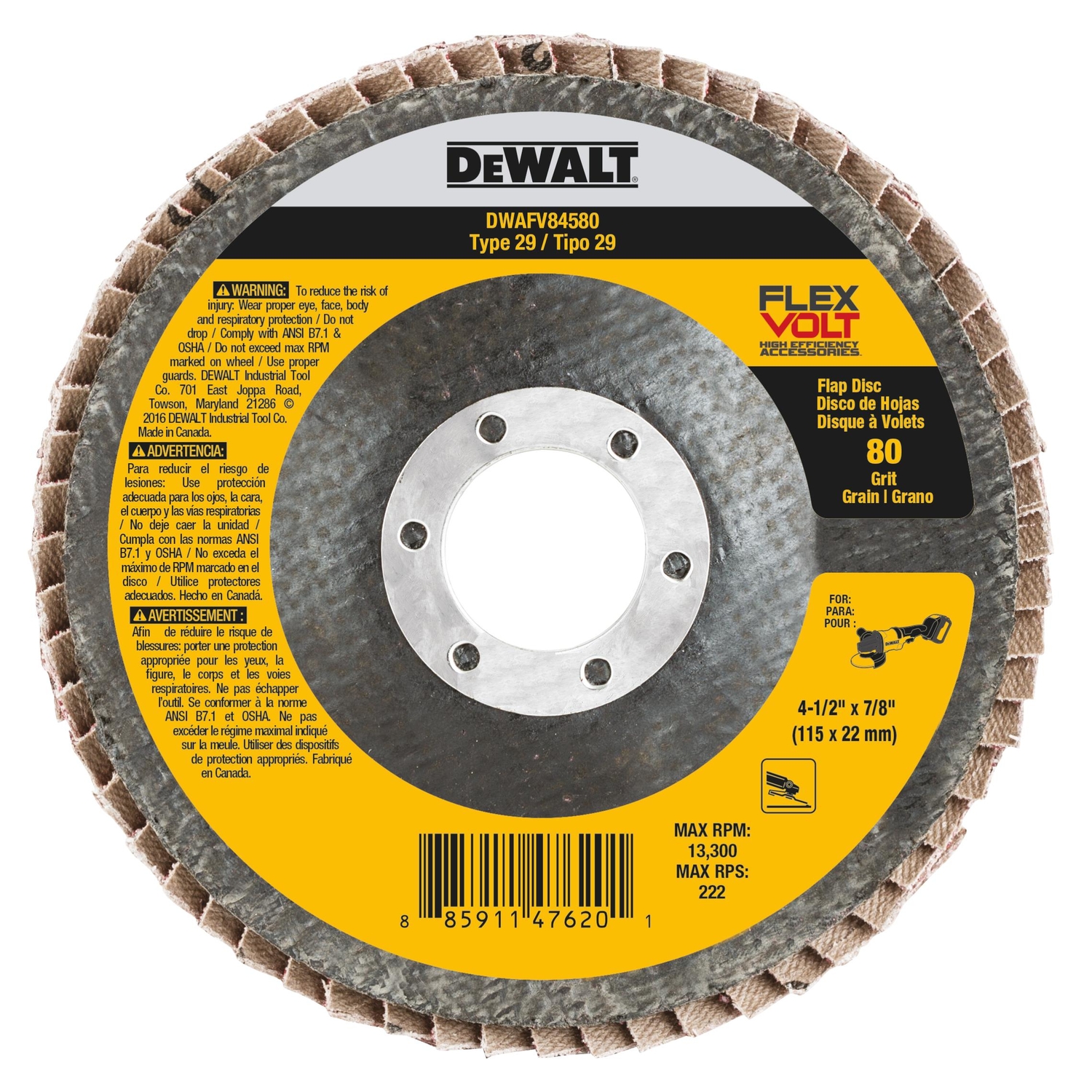 DW FlexVolt 4-1/2 in. D X 7/8 in. Ceramic Flap Disc 80 Grit 1 pk