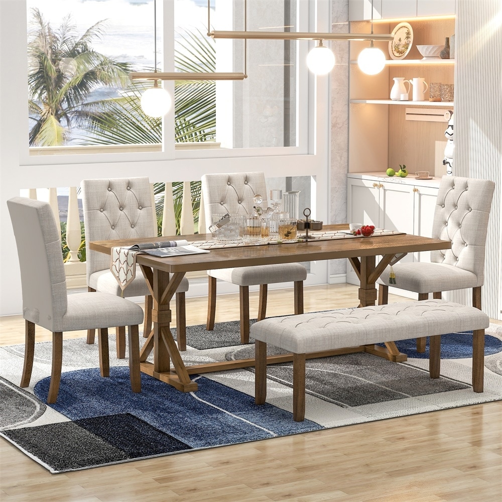 6 Piece Dining Table Set with Wood Table  4 Chairs and Bench