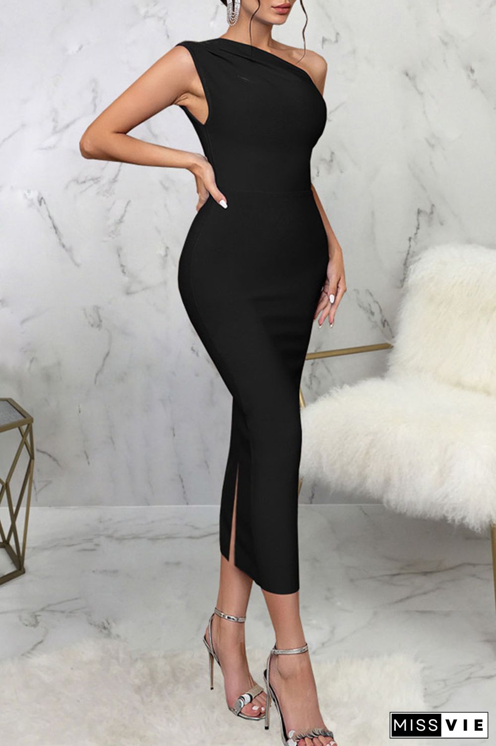 Black Sexy Solid Patchwork Oblique Collar Pencil Skirt Dresses