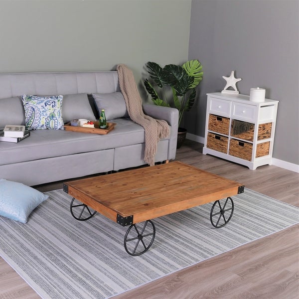 Sophia and William Rustic Coffee Table with Metal Wheels