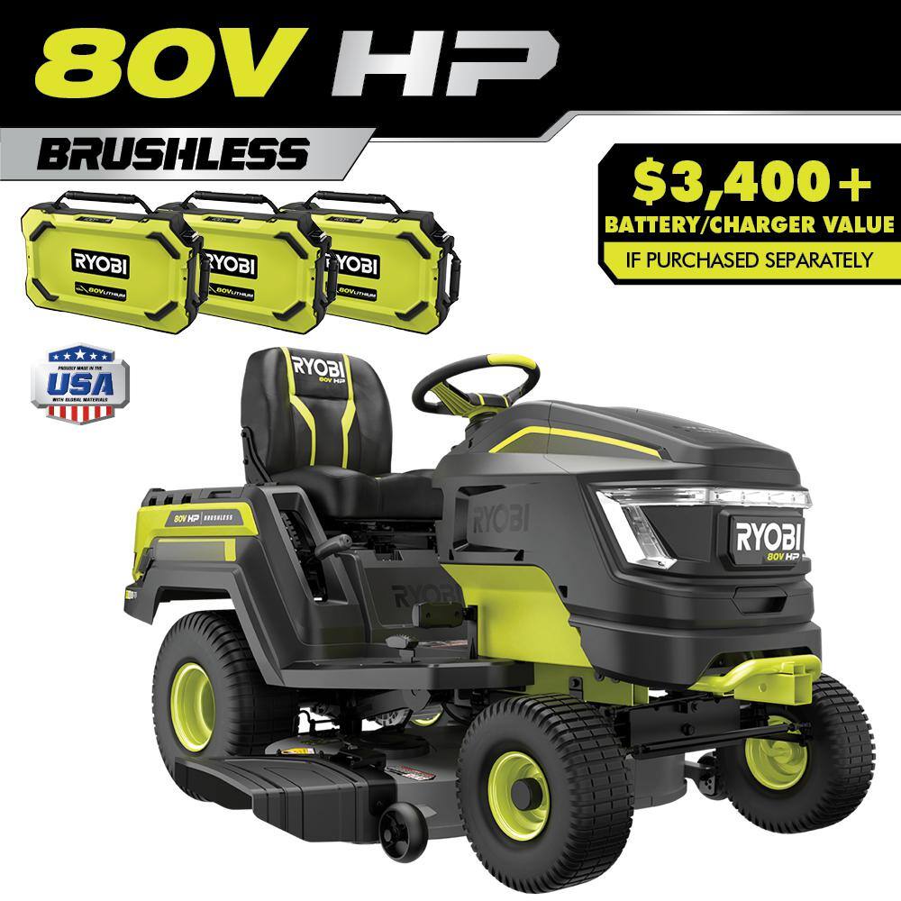 RYOBI 80V HP Brushless 42 in. Battery Electric Cordless Riding Lawn Tractor with (3) 80V 10Ah Batteries and Charger RYRM8060