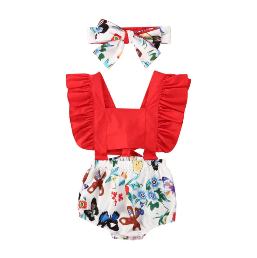 New Arrival 2pcs Red Flower Baby Clothing Newborn Baby Girls Lace Backless Romper Dress Jumpsuit Outfits Clothes 0-24M