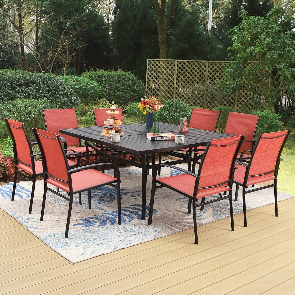 9 Piece Patio Dining Set  60 Inch Square Metal Table and 8 Textilene Dining Chairs