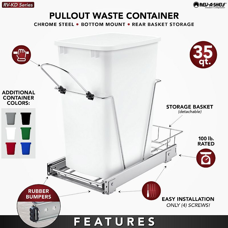 Rev-a-shelf Pull Out Trash Can 35 Qt For Kitchen Cabinets， Red， Rv-12kd-16c-s