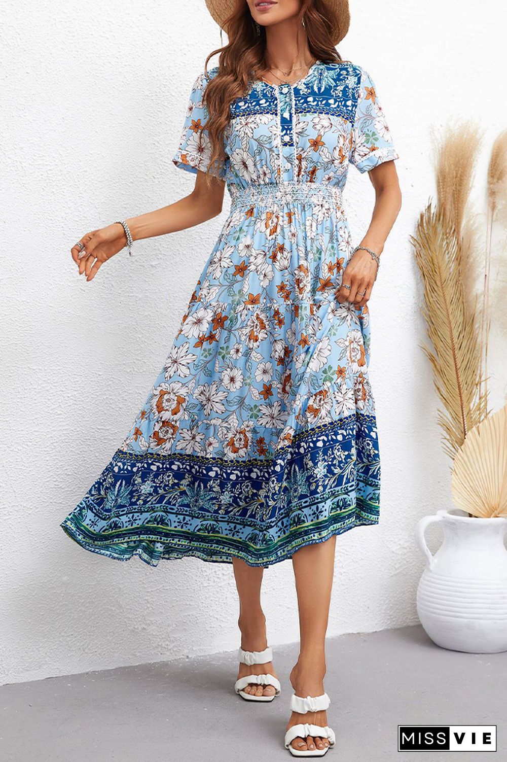 Bohemia Vintage Tiered Short Sleeve Flower Dress