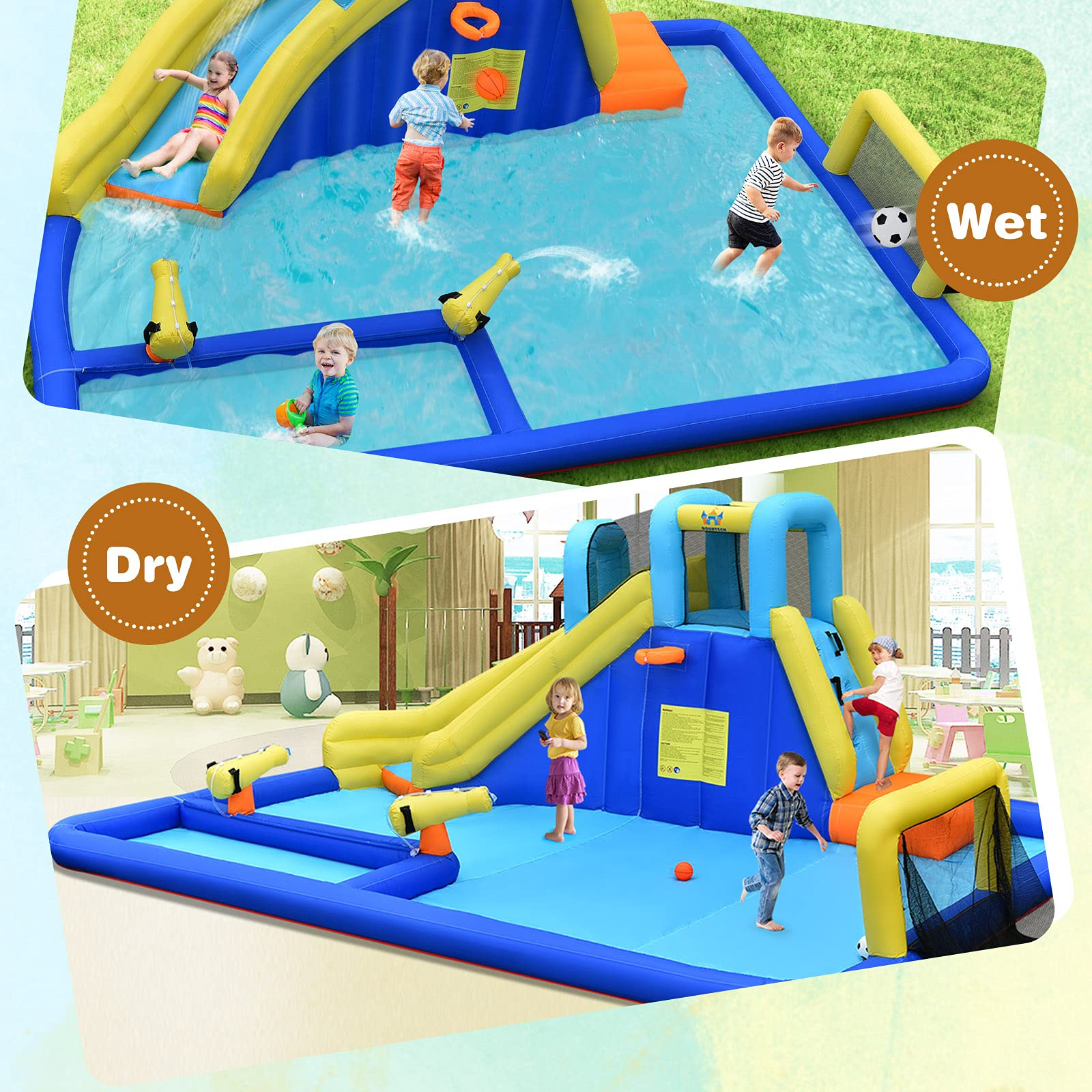 BOUNTECH Inflatable Water Park | 6-in-1 Bounce Pool Slide w/ Curved Slide