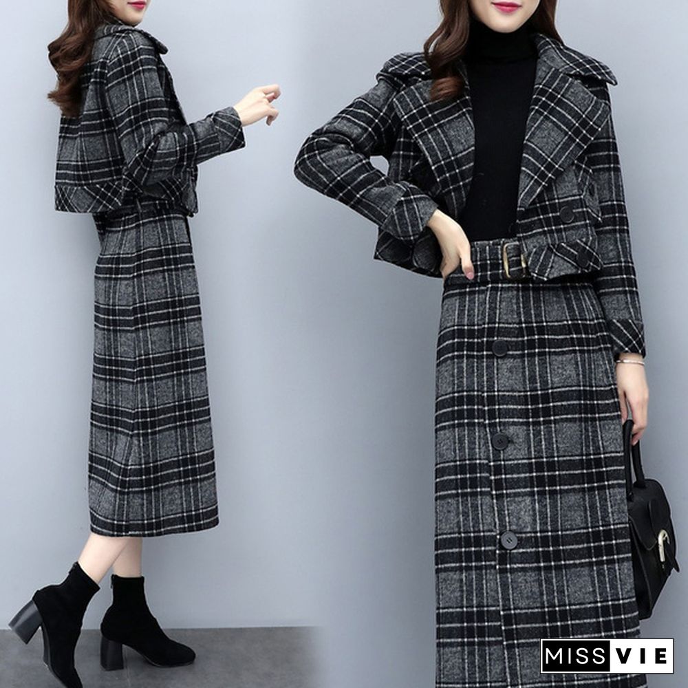 Xs-3Xl Two Piece Sets Short Blazer + Midi Skirt Ladies Work Long Skirt Suits Womens Grey Plaid Skirt Outfits Female Business Suits