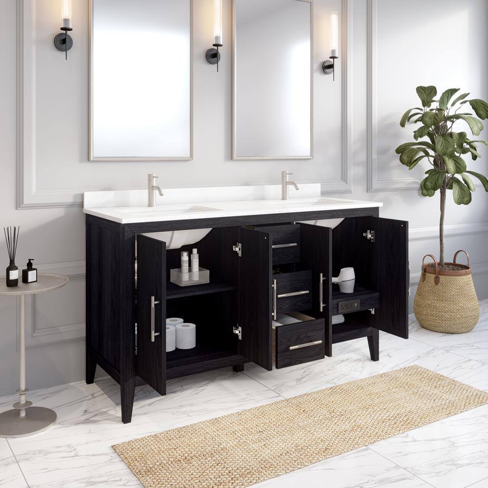 ART BATHE Vienna 60 in. W x 22 in. D Bath Vanity in Espresso Diamond Quartz Top with White Sink Power Bar and Drawer Organizer VA60ES