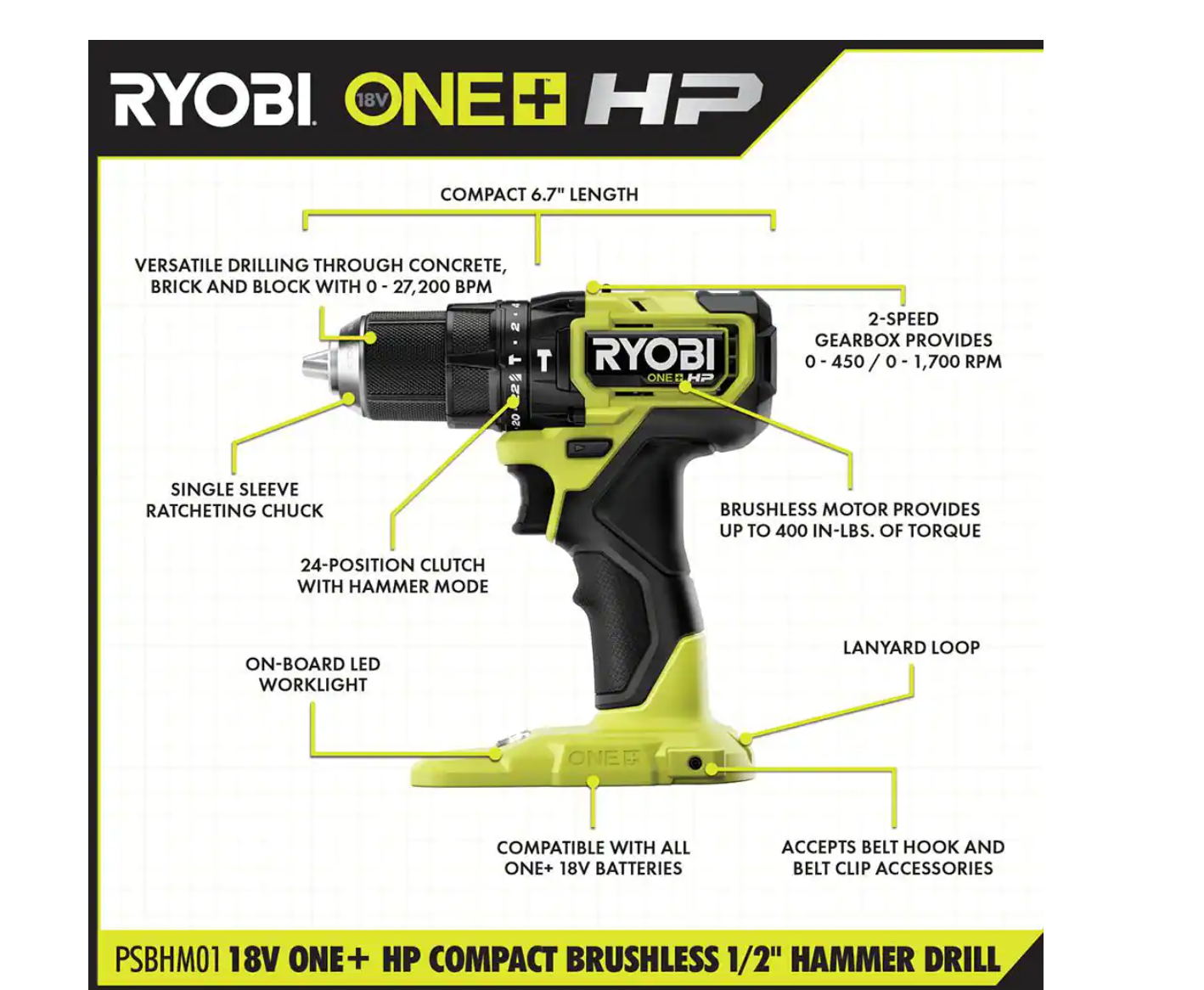 RYOBI PSBHM01K ONE+ HP 18V Brushless Cordless Compact 1/2 in. Hammer Drill Kit with (1) 1.5 Ah Battery and Charger