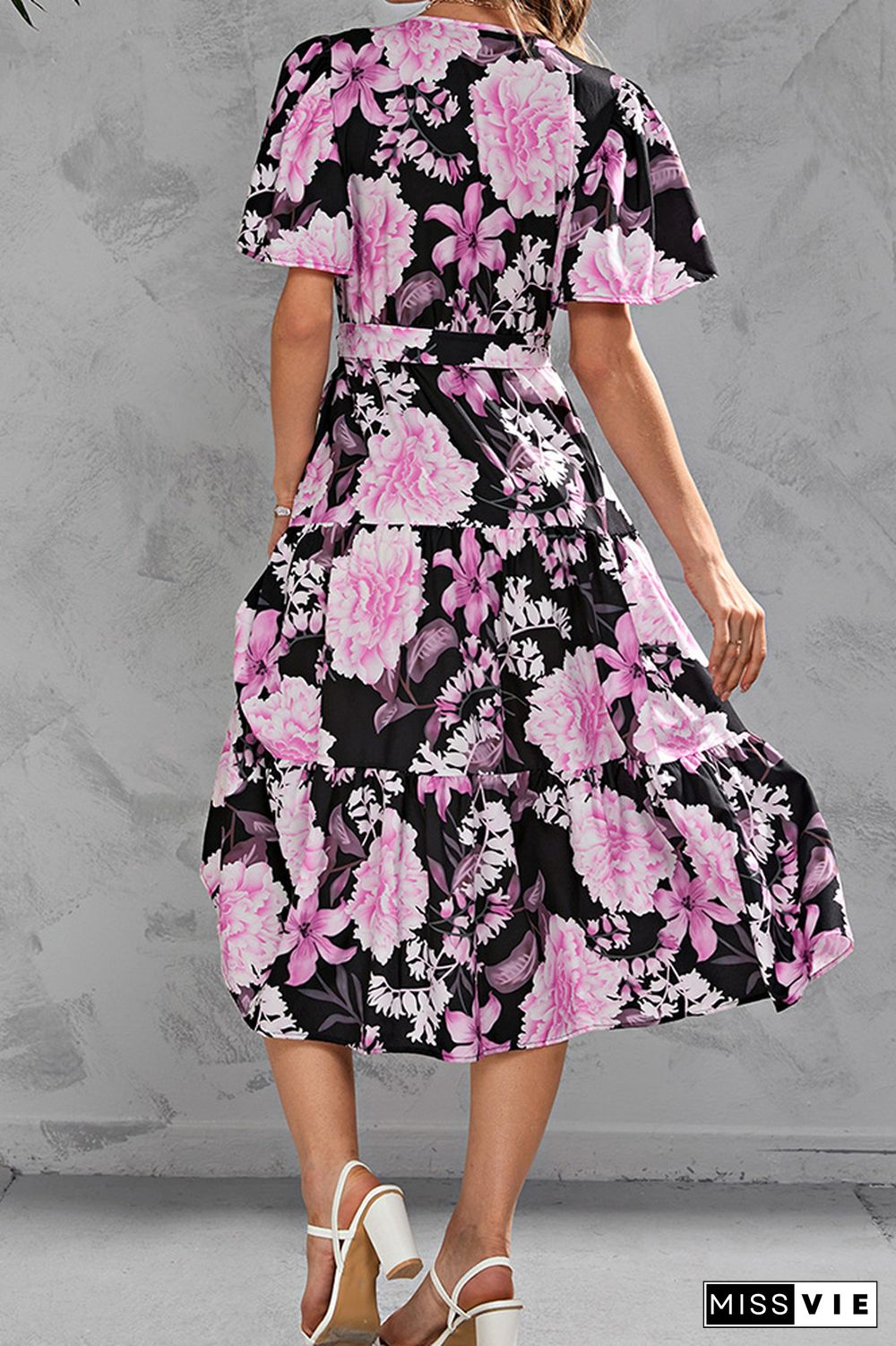 Wrap V Neck Tiered Midi Floral Dress