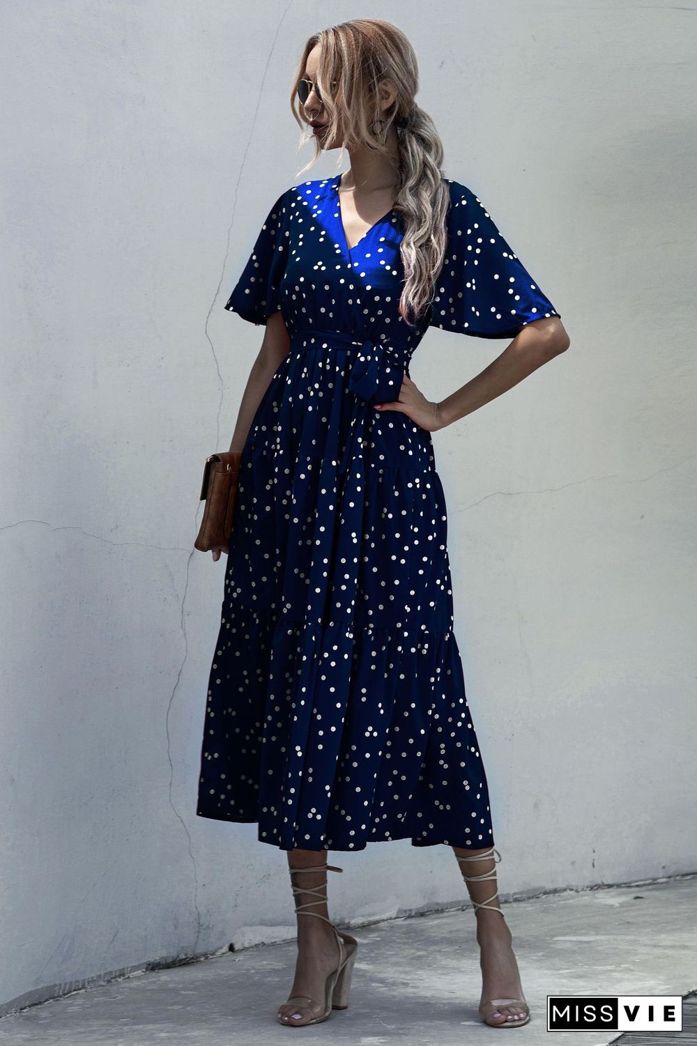 Summer Elegant V-neck Cross Belt Sexy Beach Long Dress Women Print Flowers Polka-dot Strap Ladies Boho Dress Women Vestidos