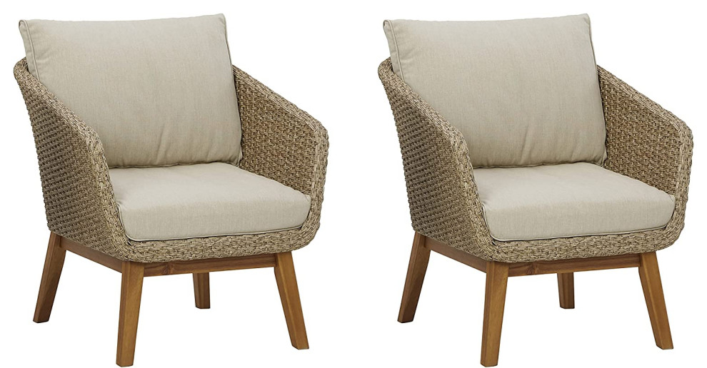 Set of 2 Outdoor Chair  Curved Wicker Back With Sloped Arms and Beige Cushions   Tropical   Outdoor Lounge Chairs   by Decor Love  Houzz